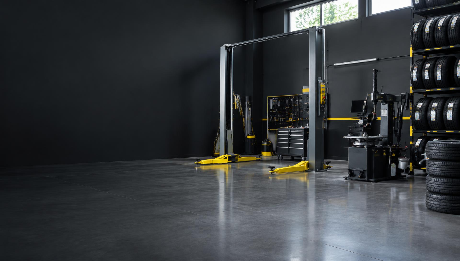 Pristine commercial automotive service bay with stacked tires — illustrative image